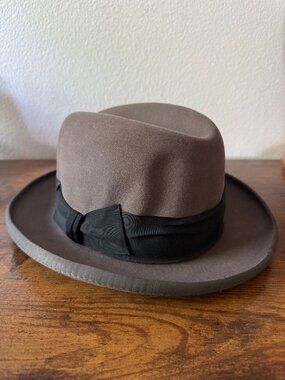 Vintage The Hat Shop Chicago Wide Brim Fedora Hat 7 3/8 Brown Genuine Fur Felt
